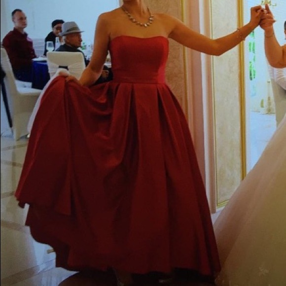 Strapless High-Low Satin Ball Gown Red Mikado - Picture 4 of 5